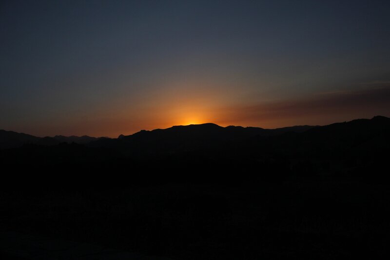 Silhouetted Mountains at Sunset — Orange, Serene, Photograph, Sky, Black