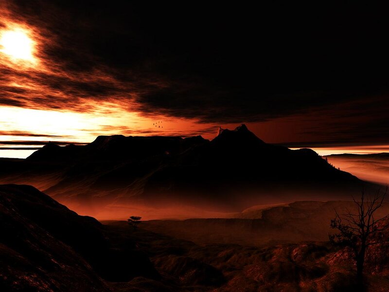 Silhouetted Mountains at Sunset — Red, Dramatic