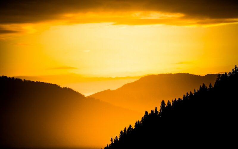 Silhouetted Mountains at Sunset — Yellow, Serene