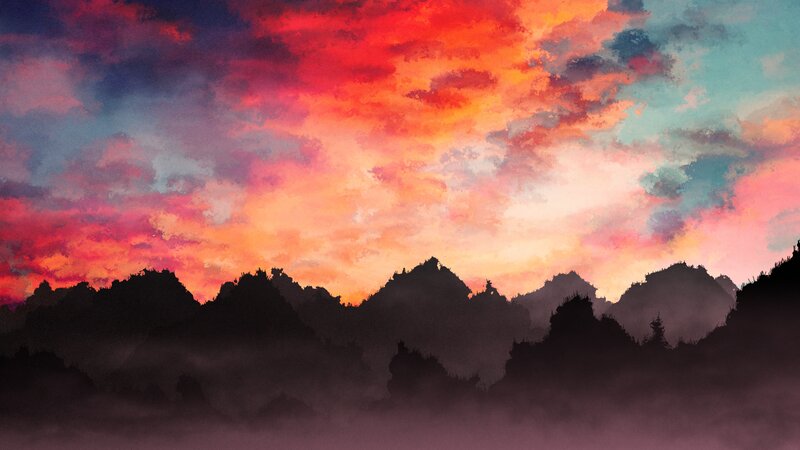 Silhouetted Mountains — Red, Dramatic, Sunset, Digital Art, Sky