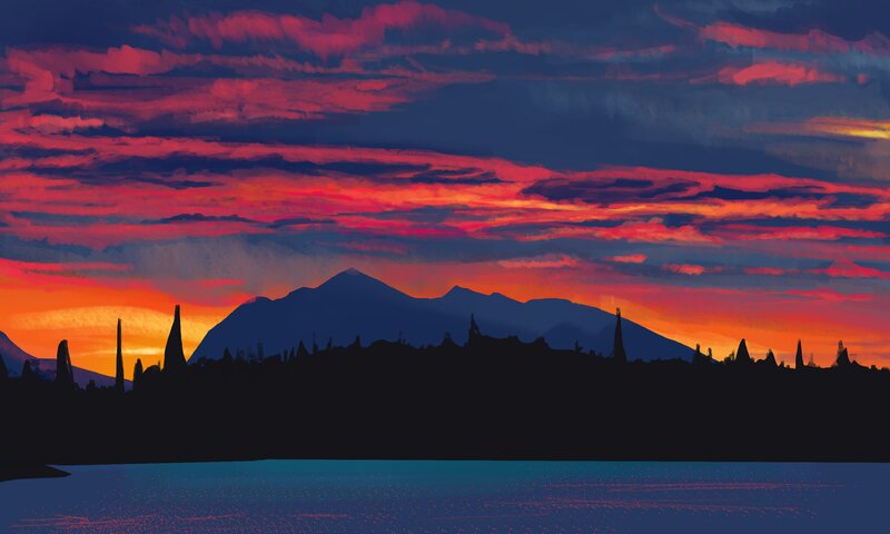 Silhouetted Mountains — Red, Dramatic, Sunset, Digital Art