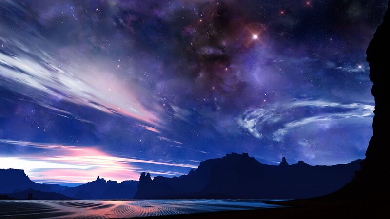 Silhouetted Mountains under Stars — Blue, Serene