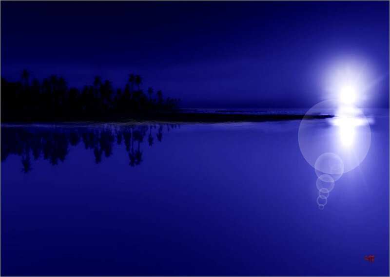 Silhouetted Palm Trees — Blue, Serene, Night, Digital Art, Moonlight
