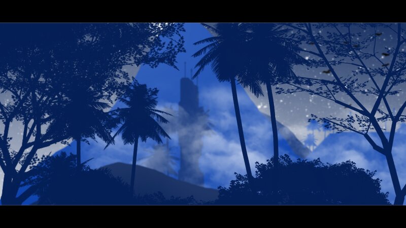 Silhouetted Palm Trees — Blue, Serene, Night, Digital Art, Tower