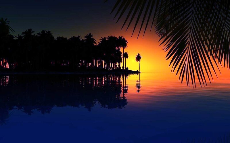 Silhouetted Palm Trees — Blue, Serene, Sunset, Digital Art