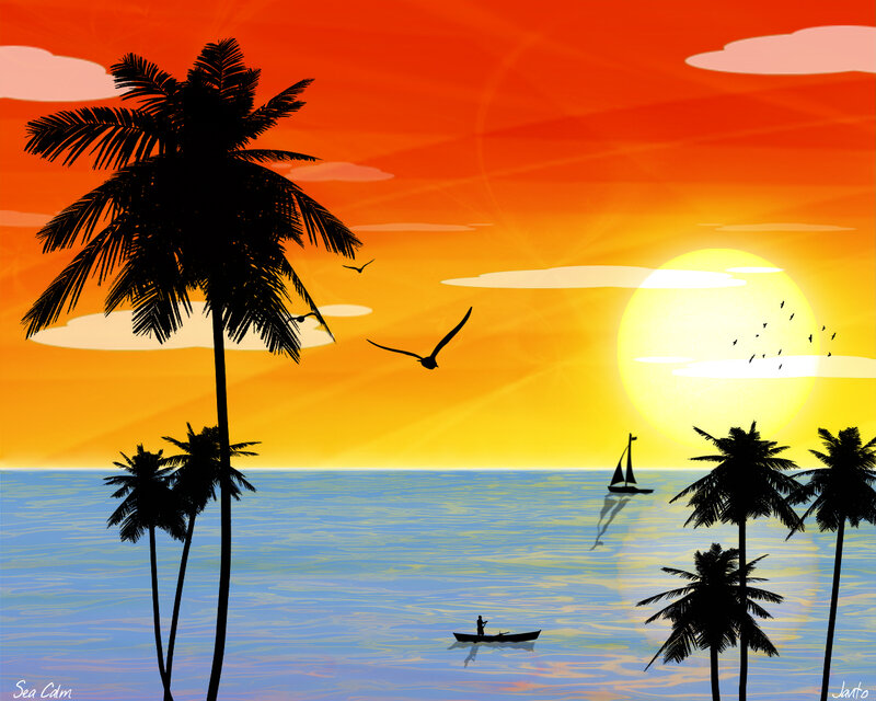 Silhouetted Palm Trees — Orange, Serene, Sunset, Digital Art, Boat