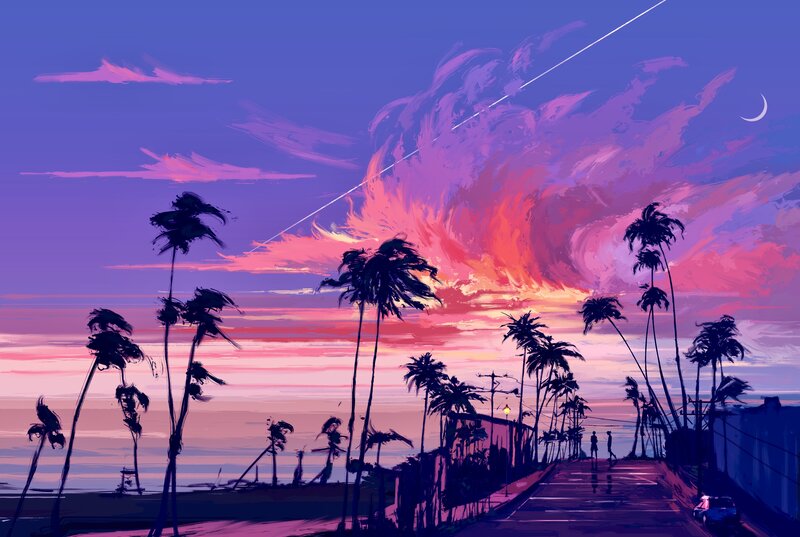 Silhouetted Palm Trees — Purple, Dramatic, Sunset, Digital Art