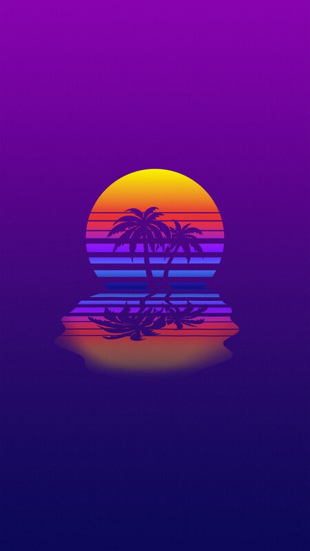 Silhouetted Palm Trees — Purple, Serene, Sunset, Digital Art, Sun