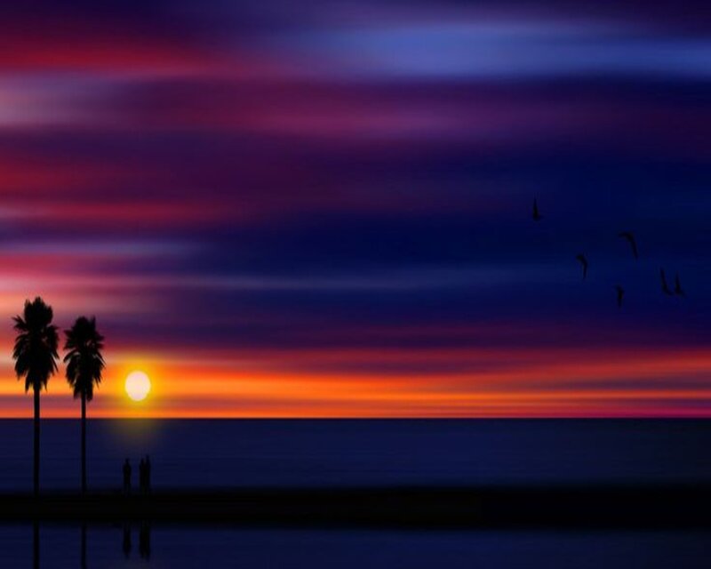 Silhouetted Palm Trees — Purple, Serene, Sunset, Digital Art