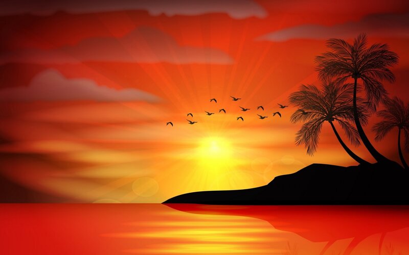 Silhouetted Palm Trees — Red, Serene, Sunset, Digital Art