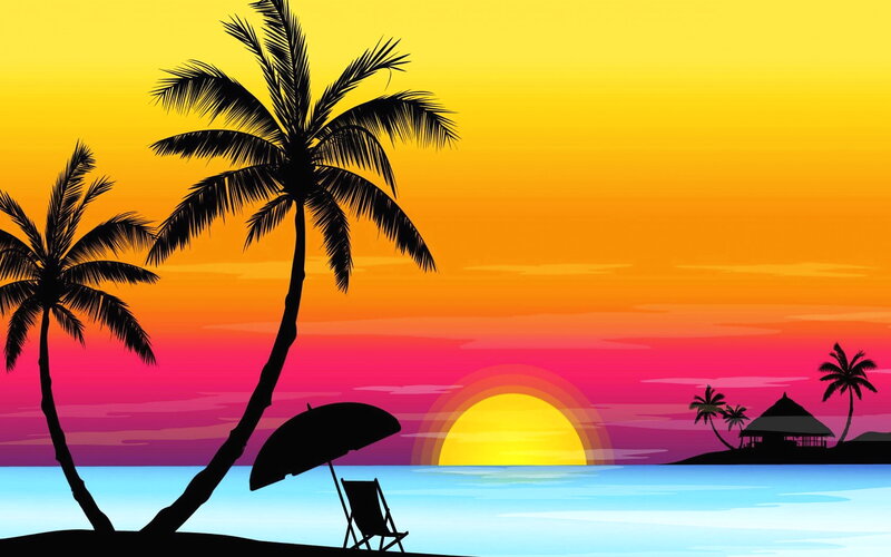 Silhouetted Palm Trees — Yellow, Serene, Sunset, Vector Art