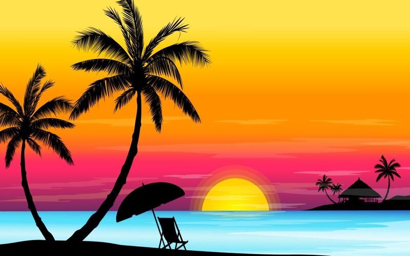 Silhouetted Palm Trees — Yellow, Serene, Sunset, Vector Art, Umbrella