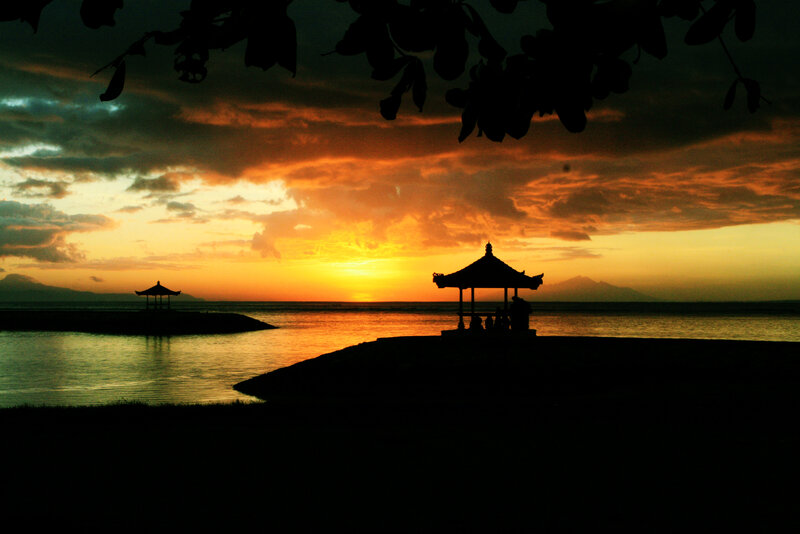 Silhouetted Pavilions at Sunset