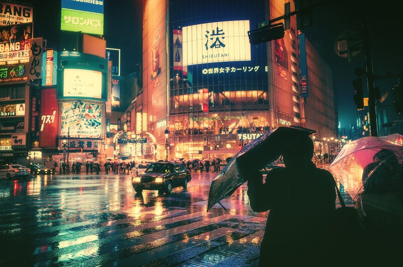 Silhouetted Pedestrians with Umbrellas