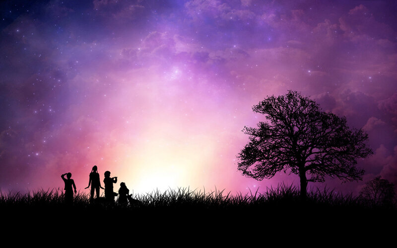 Silhouetted People and Tree — Purple, Serene