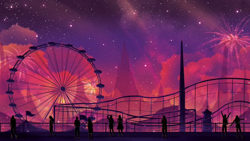 Silhouetted People at Amusement Park
