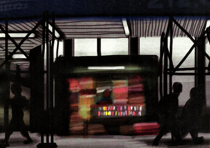Silhouetted People at Kiosk