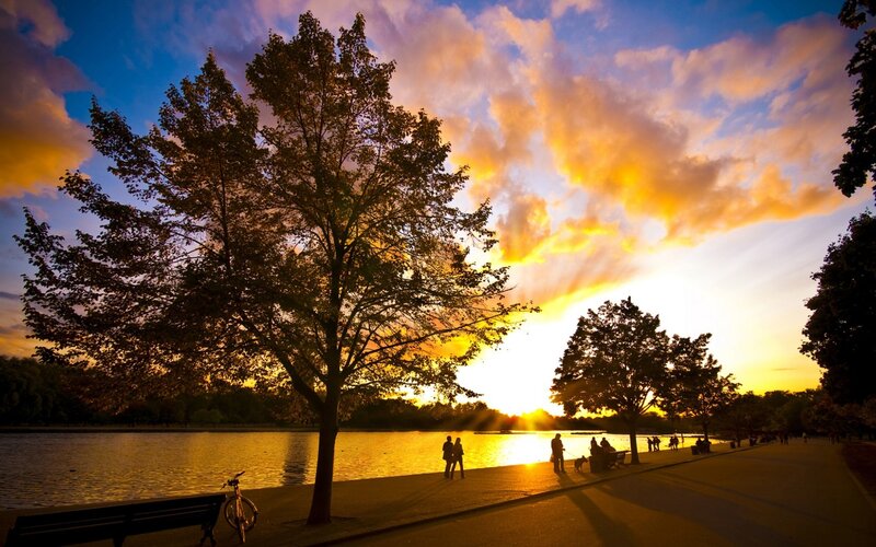 Silhouetted People at Sunset — Orange, Serene