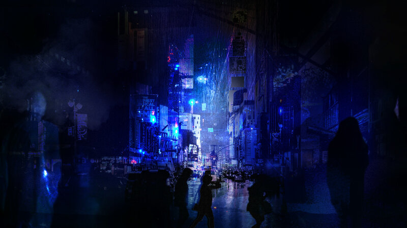 Silhouetted People in Rain — Blue