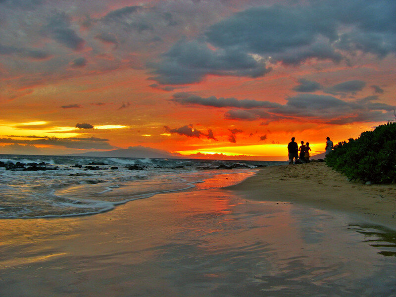 Silhouetted People on Beach — Orange, Dramatic, Sunset, Photograph, Ocean, Sky, Sand, Red