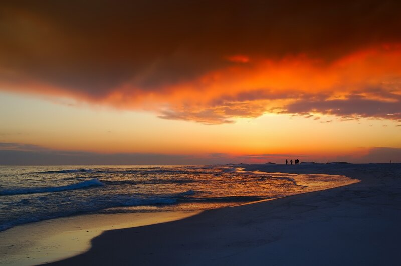 Silhouetted People on Beach — Orange, Dramatic, Sunset, Photograph, Ocean, Sky, Sand