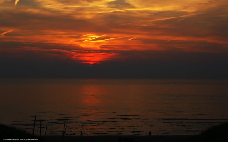 Silhouetted People on Beach — Orange, Dramatic, Sunset, Photograph, Sky