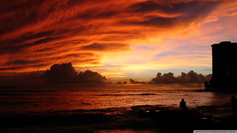 Silhouetted People on Beach — Orange, Dramatic, Sunset