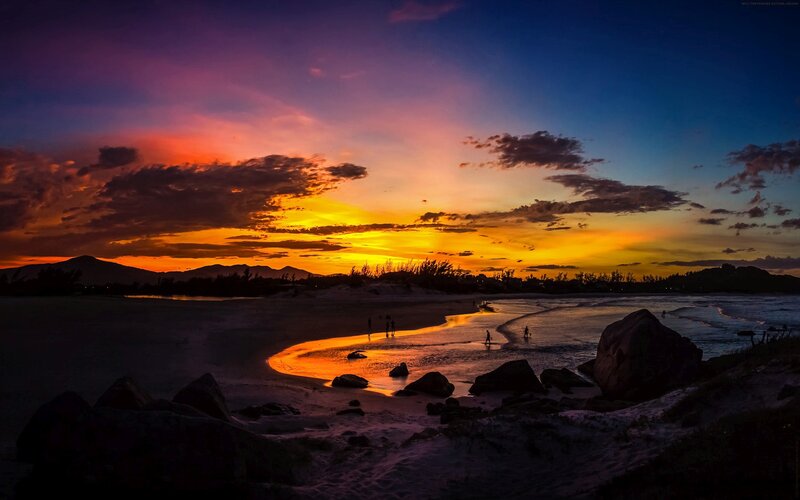 Silhouetted People on Beach — Purple, Dramatic, Sunset, Photograph