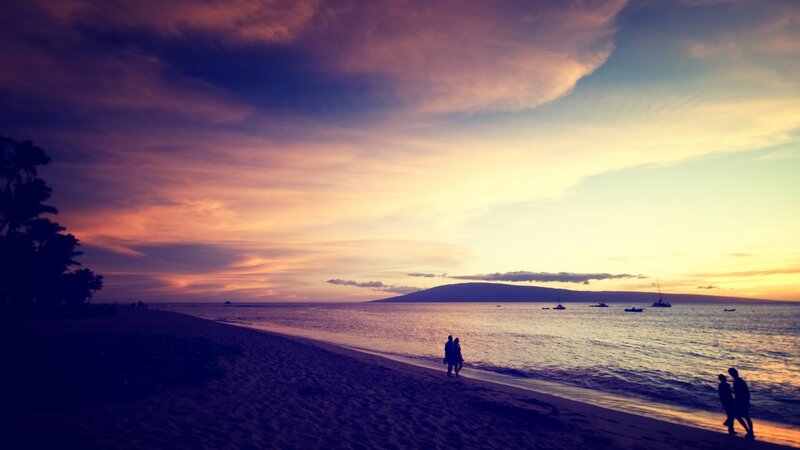 Silhouetted People on Beach — Purple, Serene, Sunset, Photograph, Ocean
