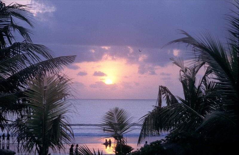 Silhouetted People on Beach — Purple, Serene, Sunset, Photograph, Palm Trees