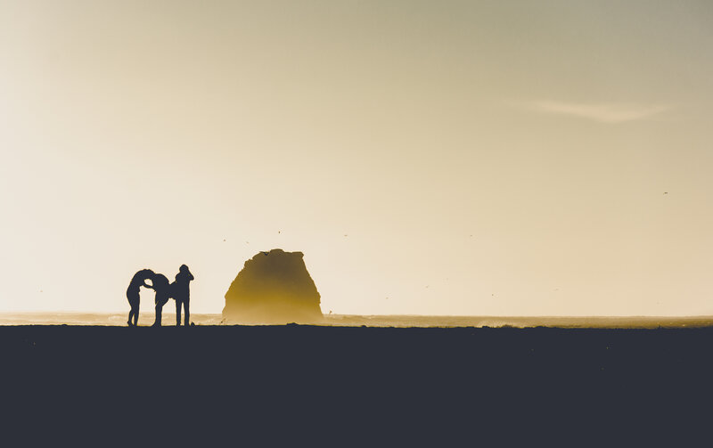Silhouetted People on Beach — Yellow, Serene, Sunset, Photograph, Rock Formation