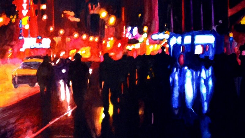 Silhouetted People on Street