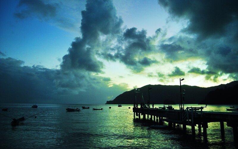 Silhouetted Pier at Dusk — Blue, Dramatic, Sunset, Photograph