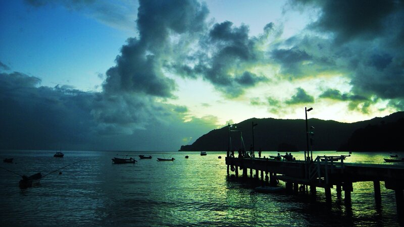 Silhouetted Pier at Dusk — Blue, Dramatic, Sunset