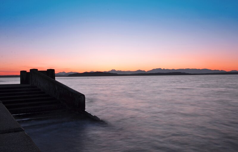 Silhouetted Pier at Sunset — Blue, Serene, Photograph