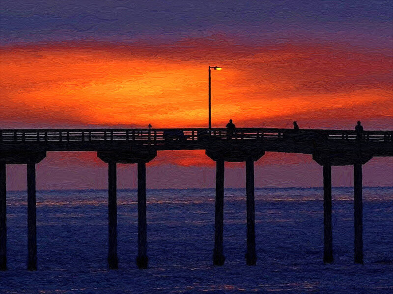 Silhouetted Pier at Sunset — Orange, Dramatic, Painting