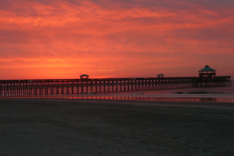 Silhouetted Pier at Sunset — Orange, Dramatic, Photograph, Beach