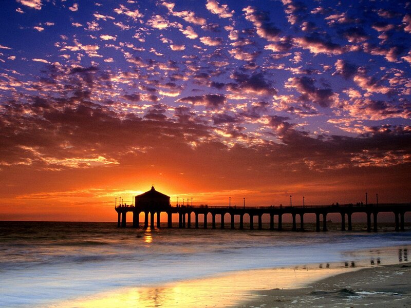 Silhouetted Pier at Sunset — Orange, Dramatic, Photograph, Ocean, Sky, Clouds