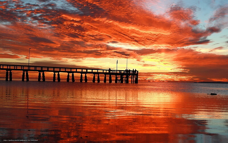 Silhouetted Pier at Sunset — Orange, Dramatic, Photograph, Sky, Water
