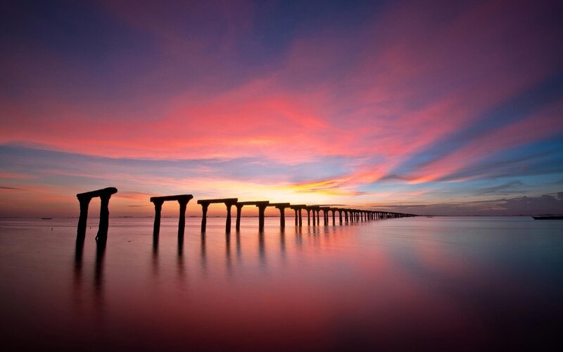 Silhouetted Pier at Sunset — Purple, Serene, Photograph, Sky