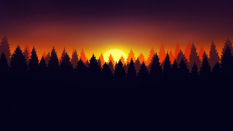 Silhouetted Pine Trees — Orange, Serene, Sunset, Digital Art