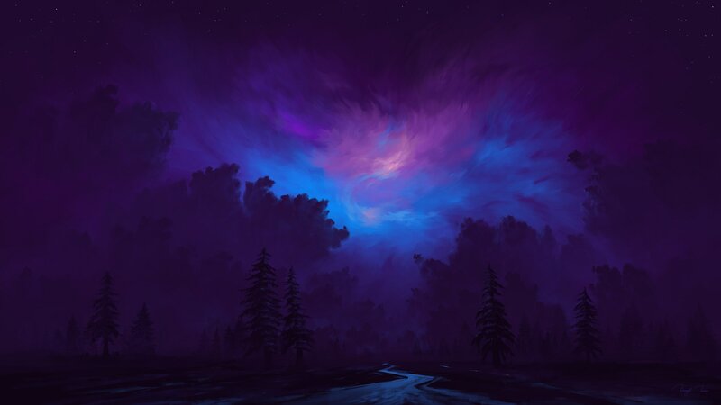 Silhouetted Pine Trees — Purple, Serene, Night