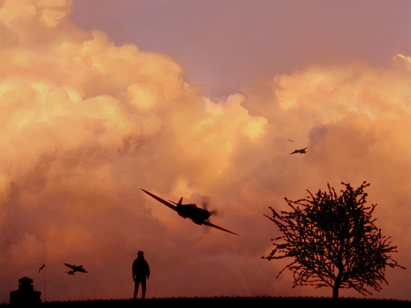 Silhouetted planes at sunset