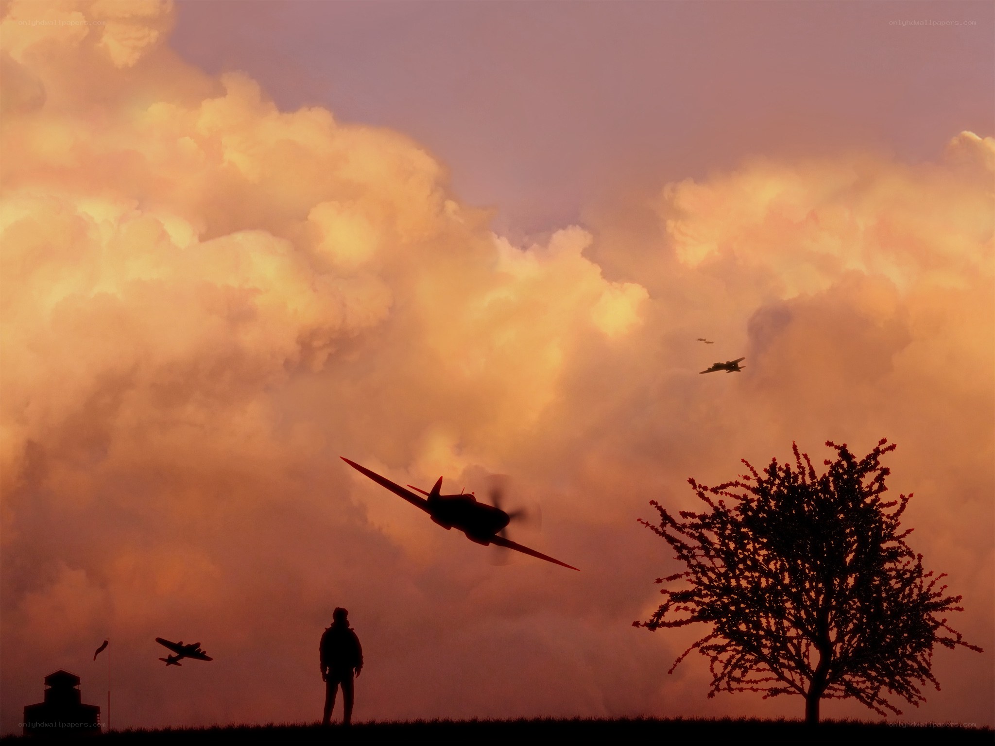Silhouetted planes at sunset