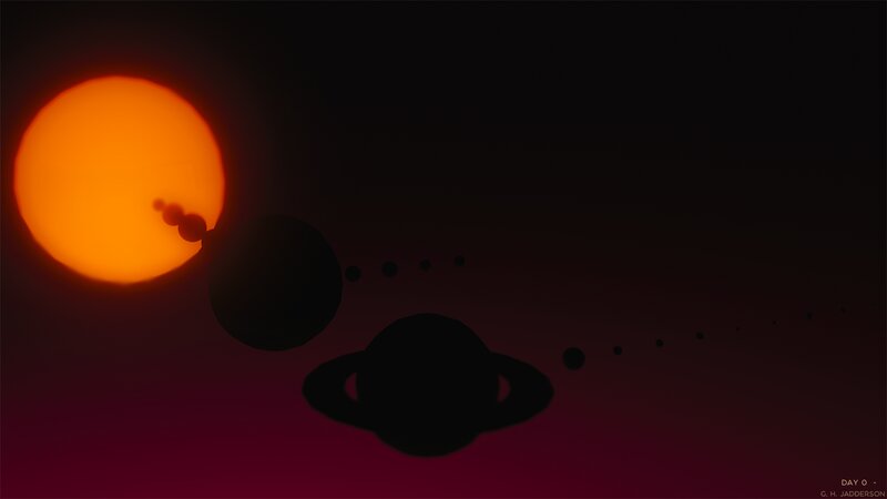 Silhouetted Planets Orbiting Star