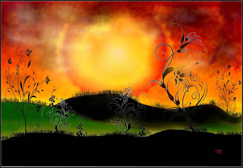 Silhouetted Plants at Sunset — Orange, Dramatic, Digital Art, Hills