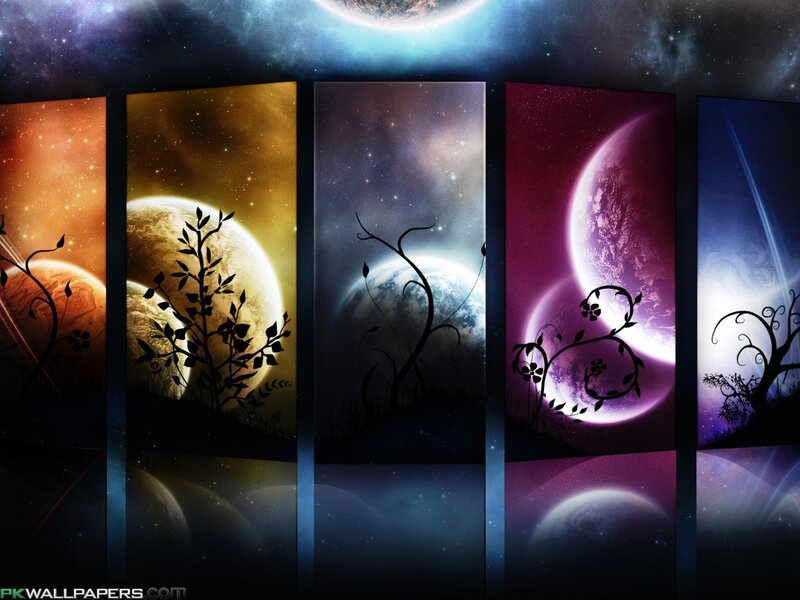 Silhouetted Plants on Planets — Purple, Dramatic, Night, Digital Art