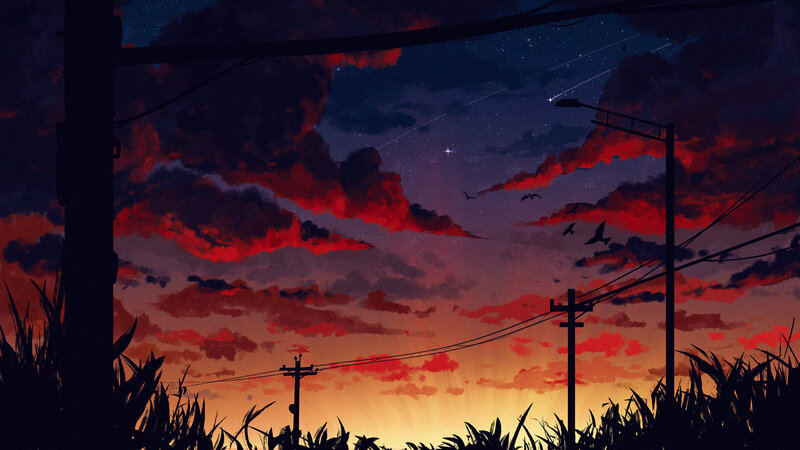 Silhouetted Poles at Dusk — Red