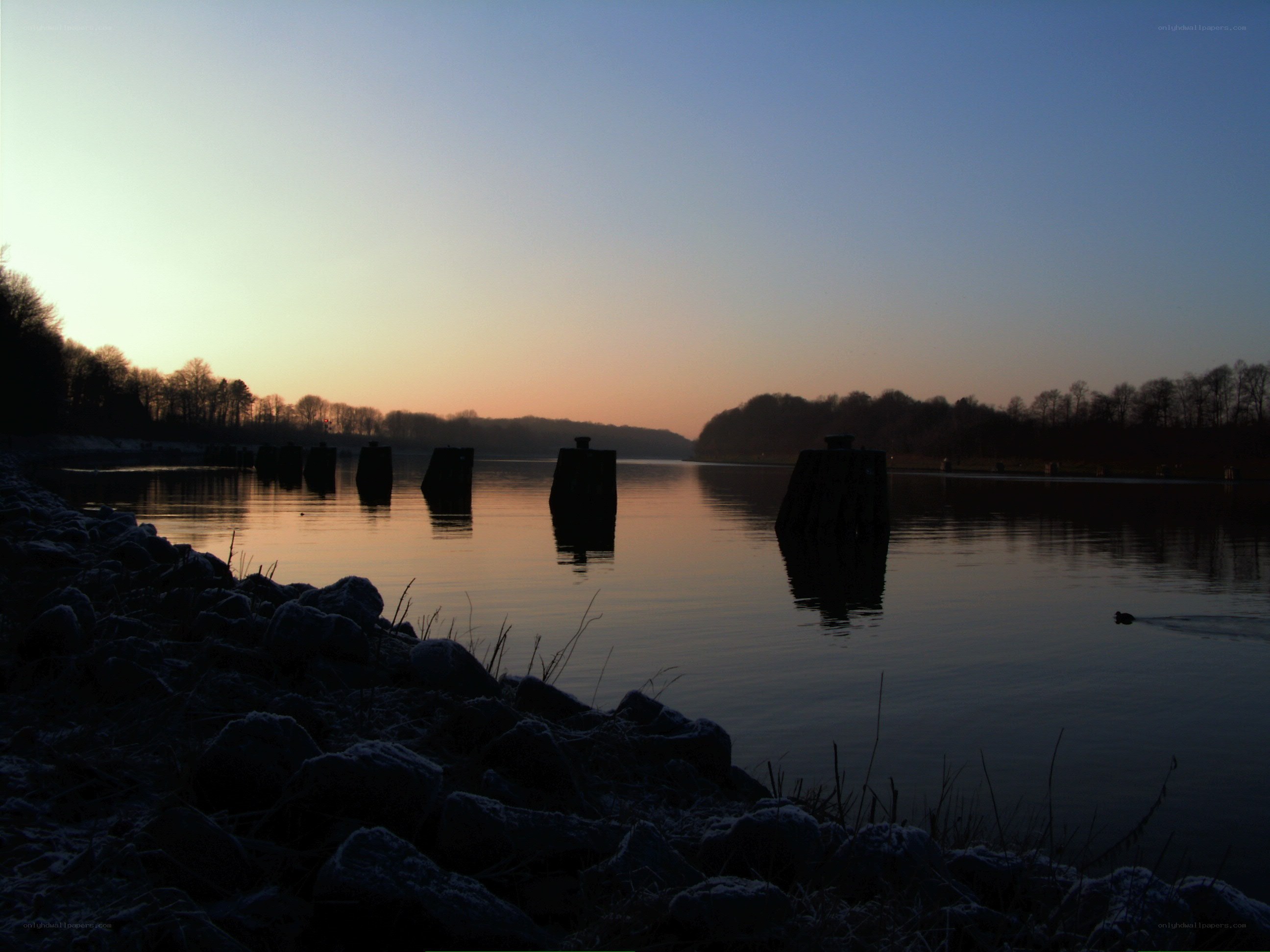 Silhouetted posts at dusk
