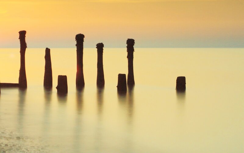 Silhouetted Posts in Water — Yellow